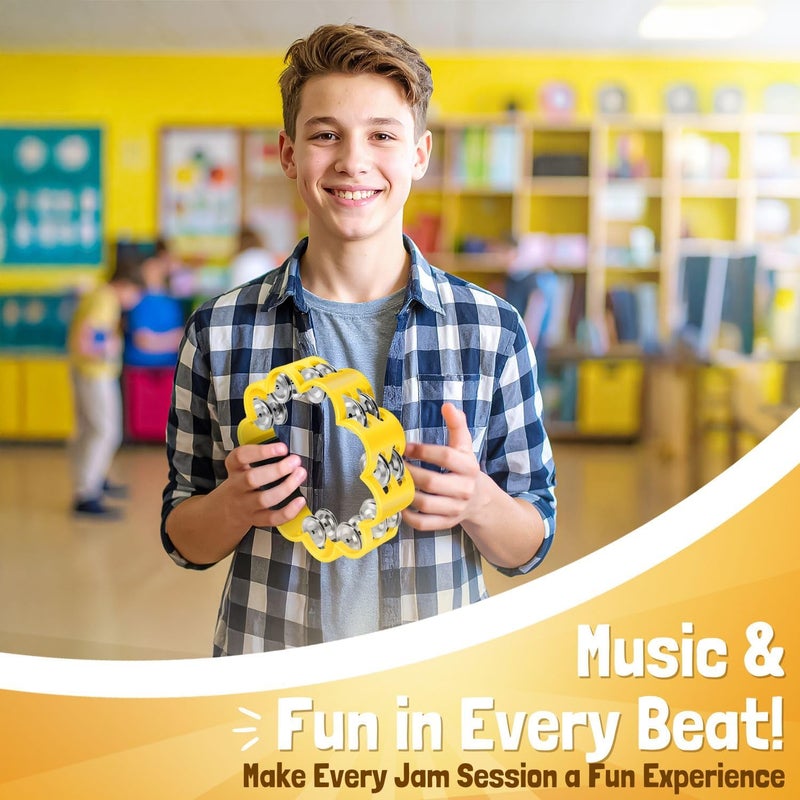 Flexzion Flower Tambourine – 8 Inch Handheld Percussion Instrument w/Metal Jingles & Ergonomic Grip – Compact Tambourine for Adults, Worship, Parties & Musical Performances (2 Pack - Yellow & White) - Image 3